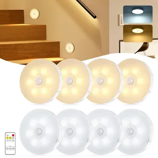 8 Stück Nachtlicht mit Bewegungsmelder,12 LEDs Bewegungsmelder Innen Batterie mit Fernbedienung,2 Farben Treppenbeleuchtung Akku,3 Modi,USB-Aufladung Licht für Flur,Treppe,Schlafzimmer,Küche,Schrank