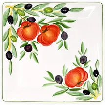 Lashuma Eckige Aufschnittplatte Keramik, Handgemachter Servierteller 27x27 cm, Gourmetplatte Design: Tomate Olive