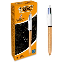 BIC 4 Farben Kugelschreiber, mittlere Spitze (1,0 mm) – Korpus strukturiert, goldfarben, elfenbeinfarben, 12 Stück