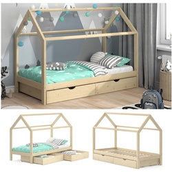 VitaliSpa Kinderbett Hausbett Schubladen Bett Holz Kinderhaus natur 90x200 cm