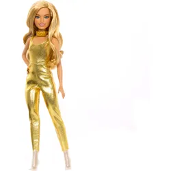 Barbie Fashionistas Puppe #222, petite Körpergröße, welliges blondes Haar, goldener Jumpsuit, 65. Jubiläum