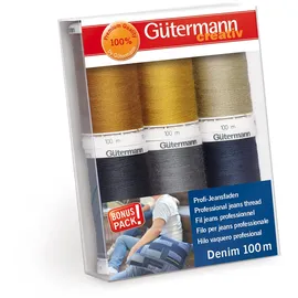 Gütermann creativ Nähfaden-Set mit 6 Spulen Profi-Jeansfaden Denim 100 m in den typischen Jeanssteppfarben