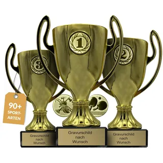 pokal-fabrik.de - Pokale 3er Set mit Gravur Wunschtext in Gold in 3 Größen- personalisierte Auszeichnung & Sport Emblem nach Wahl - inkl. Marmorsockel - Geschenk-Trophäe | Pokal Kinder