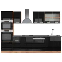 Vicco R-Line Küchenzeile Schwarz Hochglanz/Goldkraft Eiche 300 cm mit HochschrankAP Anthrazit