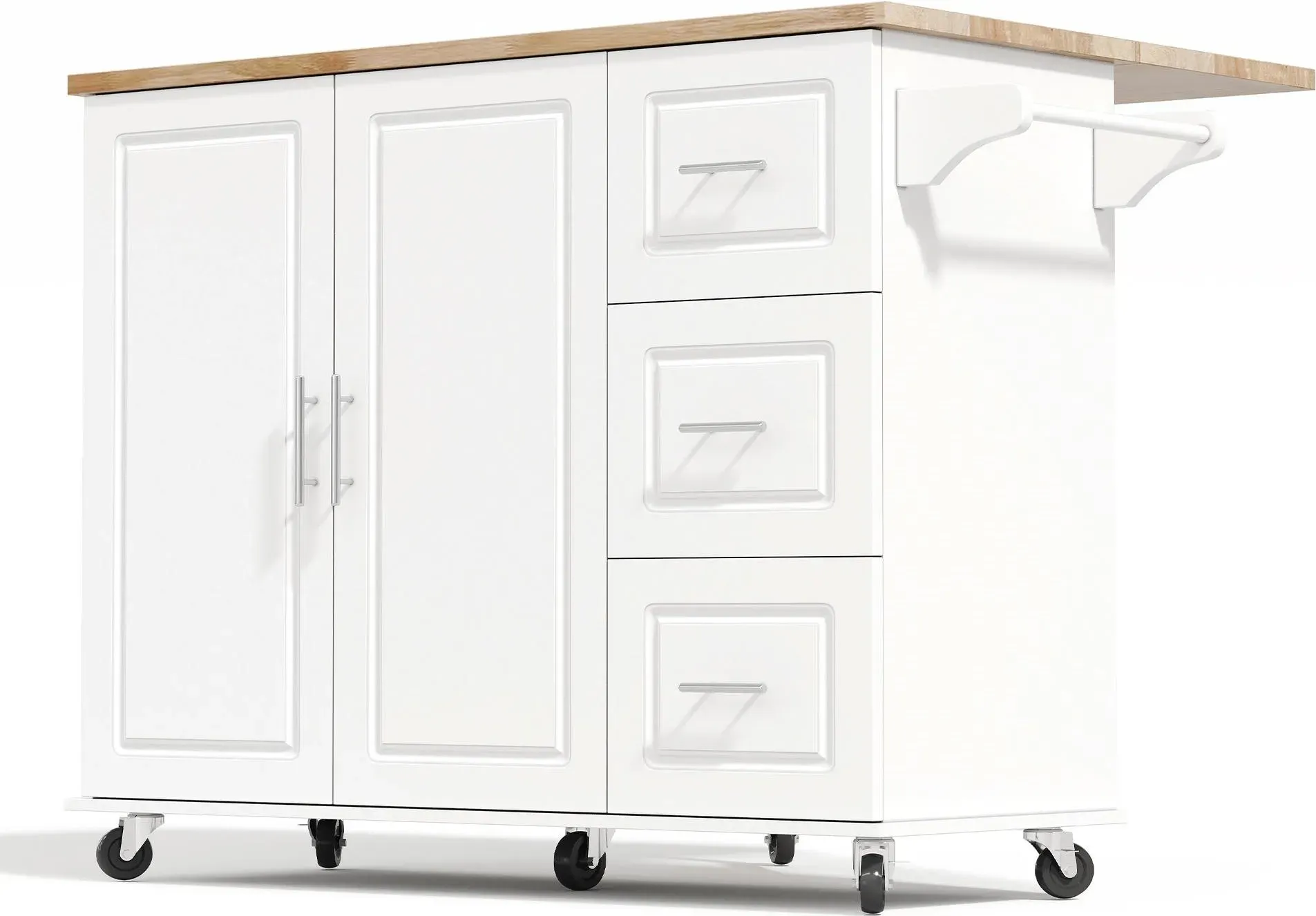 Große mobile Kücheninsel,klappbares Design, multifunktionaler Schrank mit 3 Schubladen, Handtuchhalter, 137x43/76x92 cm, Weiß