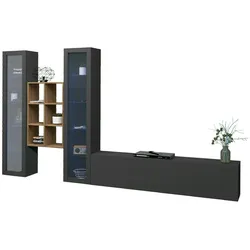 Dmora Wohnzimmermöbel Eros, Wohnzimmer-Set TV-Möbel mit 3 Türen, Mehrzweck-Wohnzimmermöbel mit Vitrine und LED-Beleuchtung, cm 320x30h180, Anthrazit
