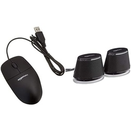Amazon Basics - PC-Lautsprecher mit dynamischem Sound, USB-Betrieb, Schwarz, 1 Paar & USB-Maus mit DREI Schaltflächen (schwarz)