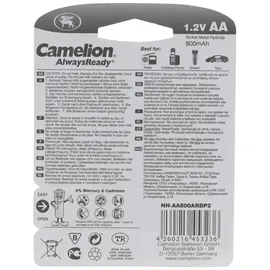 Camelion AA, Mignon LR6, HR6, NiMH Akku mit 1,2V 800mAh in 2er Blisterverpackung, Always Ready mit geringer Selbstentladung, Ready to Use Akku
