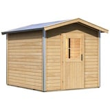 Woodfeeling Karibu Bosse 1 - 38 mm Gartensauna mit Vorraum und Satteldach-9 kW Bio-Kombiofen inkl. Steuergerät-Klassische Saunatür (Klarglas) inkl. 8-teiligem gratis Zubehörpaket (Gesamtwert 191,92€)