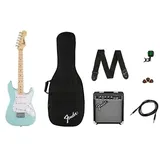 Fender FSR Squier Electric Mini Stratocaster E-Gitarrenpaket, Daphne Blue, ideal für Gitarrenanfänger. Enthält Verstärker, Kabel, Gurt, Plektren und Clip-On-Tuner