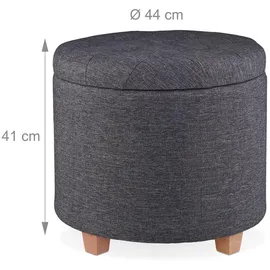 Relaxdays Sitzhocker mit Stauraum, gepolsterter Hocker rund, für Wohnzimmer, Leinen-Optik, h x d: 41 x 44 cm, dunkelgrau