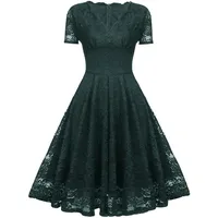 Graceyo Damen Spitzenkleid Abendkleid Hohe Taille Kurzarm V-Ausschnitt Cocktailkleid Vintage Retro A-Linie Festliche Party Ball Kleider Elegant Lässig Spitze Kleid Rockabilly Knielang - M