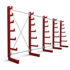 Stier Kragarmregal einseitig 4 Felder mit 6 absteigenden Ebenen 5200x2000x500mm feuerrot