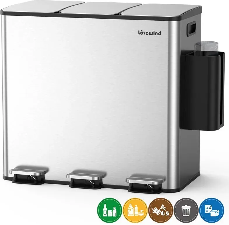 Küchen-Mülleimer, 60 l (3 x 20 l) Edelstahl Mülleimer und Recyclingbehälter Kombination mit Soft-Close-Deckel, Recycling-Küchenmülleimer mit zwei Fächern, Silber