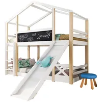 BlingBin Kinderbett Baumhaus mit Rutsche & Leiter 90 x 200 cm Hochbett für Kinder (1er Set, 1-tlg., 2 Bettseiten), 2X Lattenrost Etagenbett bis 120kg weiß