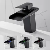 OUGOO Edelstahl LED Bad Wasserfall Wasserhahn angetrieben durch Wasser, RGB 3 Farbwechsel Waschbecken Mischer mit Temperatursensor, keine Batterie benötigt, Schwarz Single Handle Wasserhahn