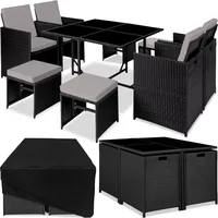 tectake Lounge Möbel Set aus 4x Stühle, 1x Tisch, 4x Hocker, wetterfest und platzsparende Cube Aufbewahrung inkl. Schutzhülle, outdoor Rattan Gartenmöbel für Balkon, Garten und Terrasse - schwarz/grau