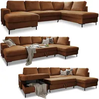 Cord Sofa U Form mit Schlaffunktion - Ecksofa mit Schlaffunktion und Bettkasten, Wohnlandschaft U Form, XXL Couch U Form, Big Sofa XXL, Eckcouch mit Schlaffunktion und Bettkasten, Ziegelrot Rechts