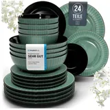 PURE LIVING INTERIOR DESIGN Steingut Geschirrset 6 Pers. Tokyo 24-tlg Hochwertiges Asia-Style TEST SEHR GUT Steingut Geschirr Set - Schüssel- und Teller Set - Tafelservice 6 Personen Geschirrsets Pure Living in Grün