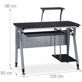 Relaxdays Computertisch Glas, Tastaturauszug & Fach für Rechner, HBT: 98 x 105 x 55 cm, modern, Arbeitszimmer, schwarz