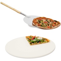 Relaxdays 2 teiliges Pizza-Set, runder Pizzastein aus Cordierit, für Backofen und Grill, Pizzaschaufel Pizzaschieber mit langem Griff