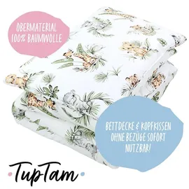 TupTam Kinder Gemusterte Bettdecken Set Ganzjahresdecke Bettdecke Kopfkissen Flachkissen 2tlg., Farbe: Safari/Löwe/Braun/Blätter/Grün, Größe: 135x100 cm