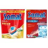 SOMAT Tabs 50 AW Gold, Geschirrspül Tabs für strahlend sauberes Geschirr auch bei niedrigen Temperaturen, Extra-Kraft gegen Eingetrocknetes + Somat Duo Power Experten Spezial-Salz 1,2kg