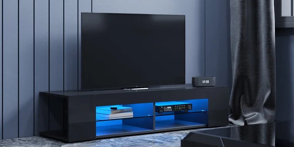 SONNI Lowboard TV-Schränke Breite 135cm weiß/schwarz Hochglanz mit LED Beleuchtung, tv schrank in wohnzimmer, sideboards schwarz