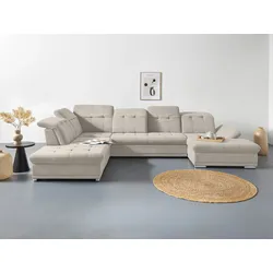 Wohnlandschaft COTTA "Holiday U-Form mit Sitztiefen-, Armteil- und Kopfteilverstellung", beige, B:386cm H:86cm T:265cm, 100% Polyester, Sofas, wahlweise mit Bettfunktion & Bettkasten