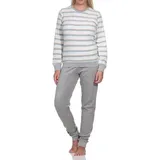 Normann Pyjama Damen Frottee Schlafanzug langarm mit Bündchen in Streifenoptik blau 44-46