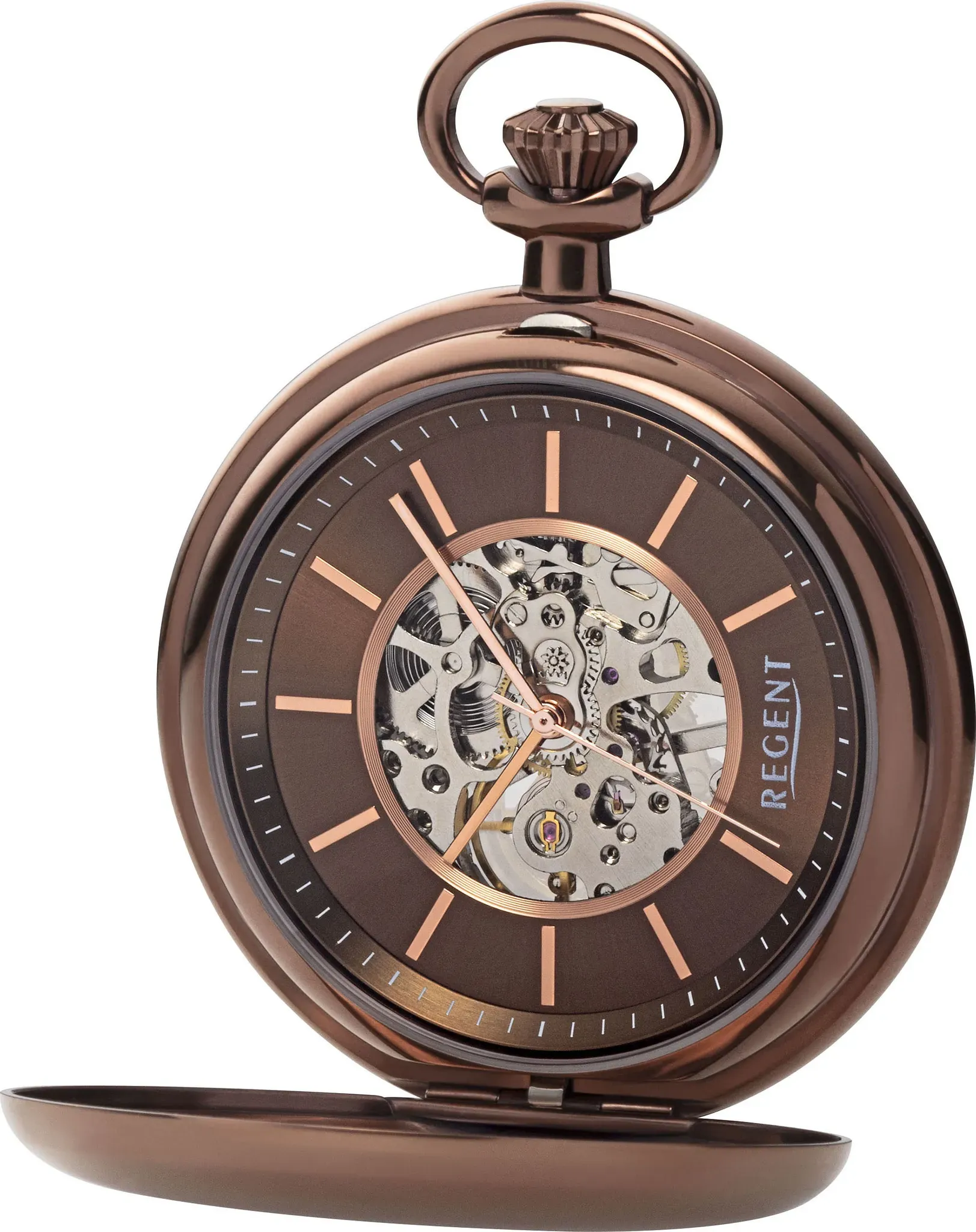 Taschenuhr REGENT, braun (bronzefarben), Taschenuhren, Herren, Herrenuhr, Handaufzug, Kette, offene Unruh