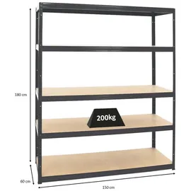 Proregal Schwerlastregal Stahl 150x180x60 cm schwarz Fachlast 200 kg