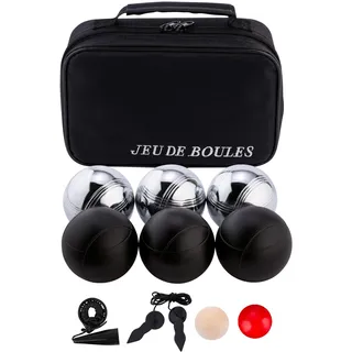 6-teiliges Metall Boule Set mit Tasche, 3 schwarzen & 3 silbernen Kugeln, Magnet, Distanzmesser & Holz-Cochonnet – Boccia / Botcha Spiel für Kinder & Familien - Petanque, Jeu de Boules – 010207