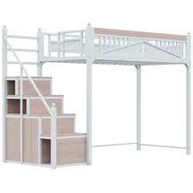 XDOVET Metall-Hochbett,Metall-Sicherheitszaun mit Metallkugel,Fensterdesign,Kletterleiter von links nach rechts austauschbar,Sicherheitsleiter mit Spinden