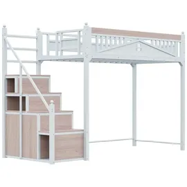 XDOVET Metall-Hochbett,Metall-Sicherheitszaun mit Metallkugel,Fensterdesign,Kletterleiter von links nach rechts austauschbar,Sicherheitsleiter mit Spinden