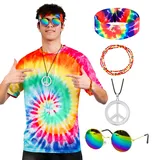 Zhulybowei Hippie Kostüm Herren L 60er 70er Jahre Outfit Herren Damen,Hippie Kostüm Männer Hippie Tshirt Damen