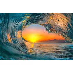 Fototapete PAPERMOON "WELLEN-SONNENUNTERGANG SONNE TUNNEL GEBIRGE LANDSCHAFT", bunt, B:2,50m L:1,86m, Vlies, Tapeten