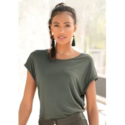 Kurzarmshirt, mit Rundhalsausschnitt, Jerseyware, Ärmelaufschlag, Basic, Gr. 36/38, khaki, , 61258352-36