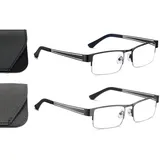 Hubeye 2er Pack Lesebrille Herren Rechteck Rahmen Metall Schwarz Grau Federscharniere Blaulichtfilter Computer Lesebrille mit Brillenholster 2.00