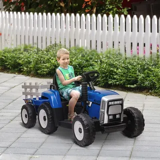 Homcom Elektrischer Traktor mit Anhänger, Kinder Aufsitztraktor mit Fernbedienung, Kinder Elektroauto mit MP3 Funktion, Kinderfahrzeug mit Scheinwerfe - Blau