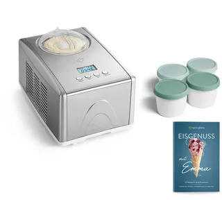 SPRINGLANE Eismaschine Emma 1,5 L mit selbstkühlendem Kompressor 150 W, aus Edelstahl mit entnehmbarem Eisbehälter, inkl. Rezeptheft (Silber, Emma Silber + 4 Eisbehälter Mini Mint)