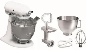 KitchenAid 5KSM45EWHMP Küchenmaschine, Rührmaschine inkl. Fachrührer, Fleischwolf, Knethaken, Schneebesen und Schüssel, Fassungsvermögen: 4,28 Liter