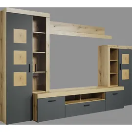 Home Affaire Wohnwand HOME AFFAIRE "Ghent", anthrazit mit eiche, B:331cm H:206cm T:52cm, Glas, Holzwerkstoff, Kunststoff, Kastenmöbel-Sets, Wohnwand, Mit Hirnholzapplikationen - Aufgebaut (B/T/H): 331/52/206 cm