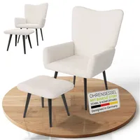 Juskys Ohrensessel Odense Bouclé 68 x 95 x 73 cm Beige mit Hocker