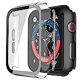 Piuellia 2 Pack Hard Case with Tempered Glass Screen Protector for Apple Watch SE Series 6 Series 5 Series 4 44mm, Ultrathin Overall PC iWatch Protective Cover, 1 Black + 1 Transparent