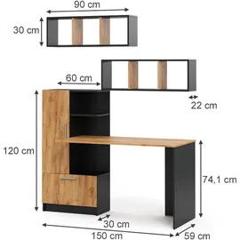 Vicco Schreibtisch-Set Tomy, Anthrazit/Goldkraft Eiche, 150 x 59 cm 3er Set da 2 Regale+schreibtisch, Vicco