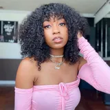 Curly Human Hair Wig with Bangs Glueless Wear and Go None Lace Front Human Hair Wigs for Black Women Real Brazilian Unprocessed Virgin Hair Machine Scalp Top Wig 14 Inch
