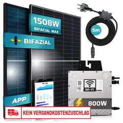 SUNNIVA® Balkonkraftwerk BIFACIAL Black Frame 1508W/800W Solaranlage mit 800W Beny Micro Wechselrichter Wifi, Inverter upgradebar drosselbar, 2x580W Solarmodule, 5m Anschlusskabel, Photovoltaikanlage