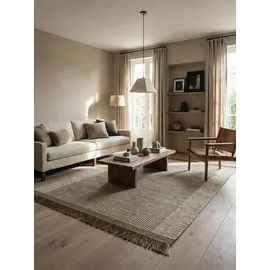 KADIMA DESIGN Wollteppich handgewebt mit Fransen PISA, geometrisch, Olivgrün, 160 x 230 cm