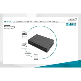 Digitus Gigabit PoE Switch 4-Port PoE + 1-port Uplink Port RJ45, 60 W, af/at